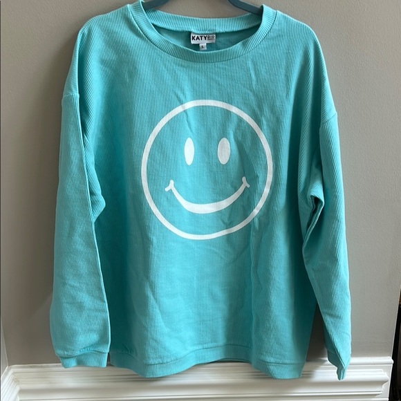 KATYDID Crewneck Pullover Aqua Smiley Face Corded Sweatshirt NEW Size Large - Picture 1 of 7